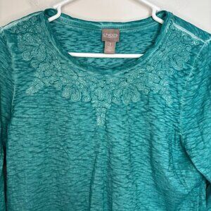 CHICO'S 3/4 Sleeve Embellished Neckline Womens M Teal Dyed Casual Cotton